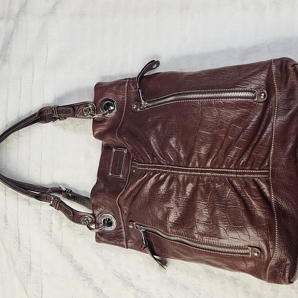 B MAKOWSKY Brown Soft Pebble Leather Vintage Satchel w Phone & Zip Extras